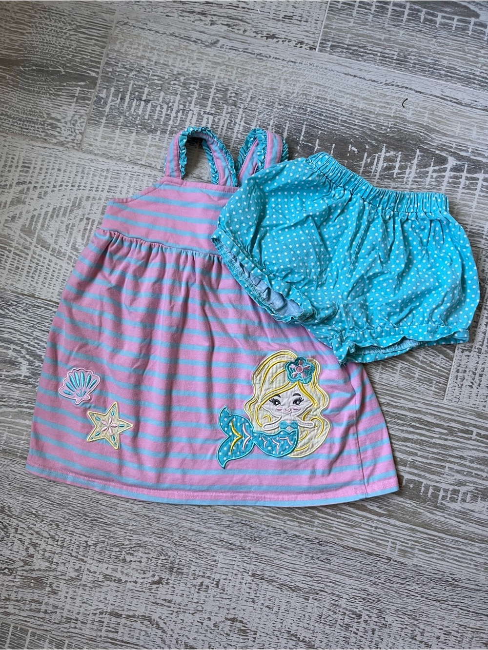 Classic Whimsy 4T Pink & Blue Mermaid Stripe Dress w Blue Polka Dot Bloomers